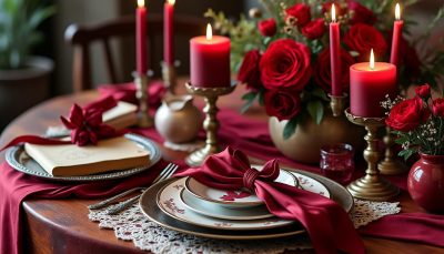 inspirez-vous pour une décoration de table saint valentin 2026 élégante avec des bougies, des rubans et une vaisselle rouge bordeaux pour une ambiance romantique et chaleureuse.