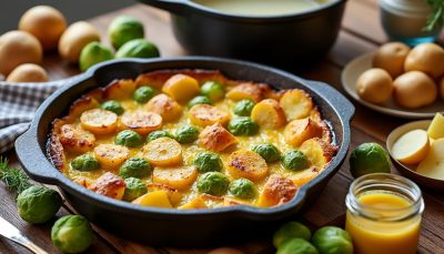 découvrez notre gratin d’hiver aux choux de bruxelles, pommes de terre et crème à la moutarde, un plat savoureux et convivial parfait pour réunir toute la famille autour de la table.