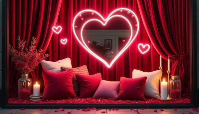 découvrez notre idée de vitrine saint valentin 2026 avec des rideaux rouges, des cœurs, un miroir élégant et un néon soft pour une ambiance romantique et contemporaine.