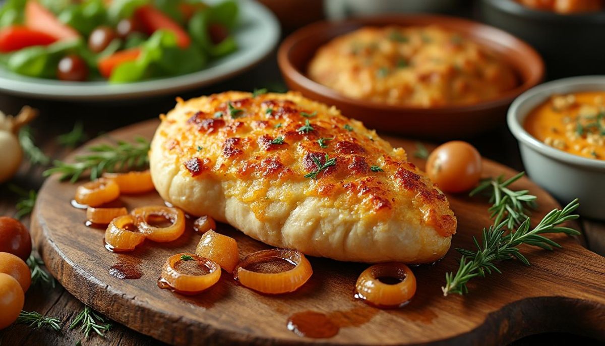 découvrez notre recette de poulet rôti à l'oignon façon gratin, avec une délicieuse croûte d'oignons croustillante pour un plat savoureux et gourmand.
