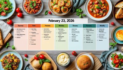découvrez notre programme hebdomadaire des repas pour la semaine du 23 février 2026, avec des recettes équilibrées et savoureuses pour toute la famille.