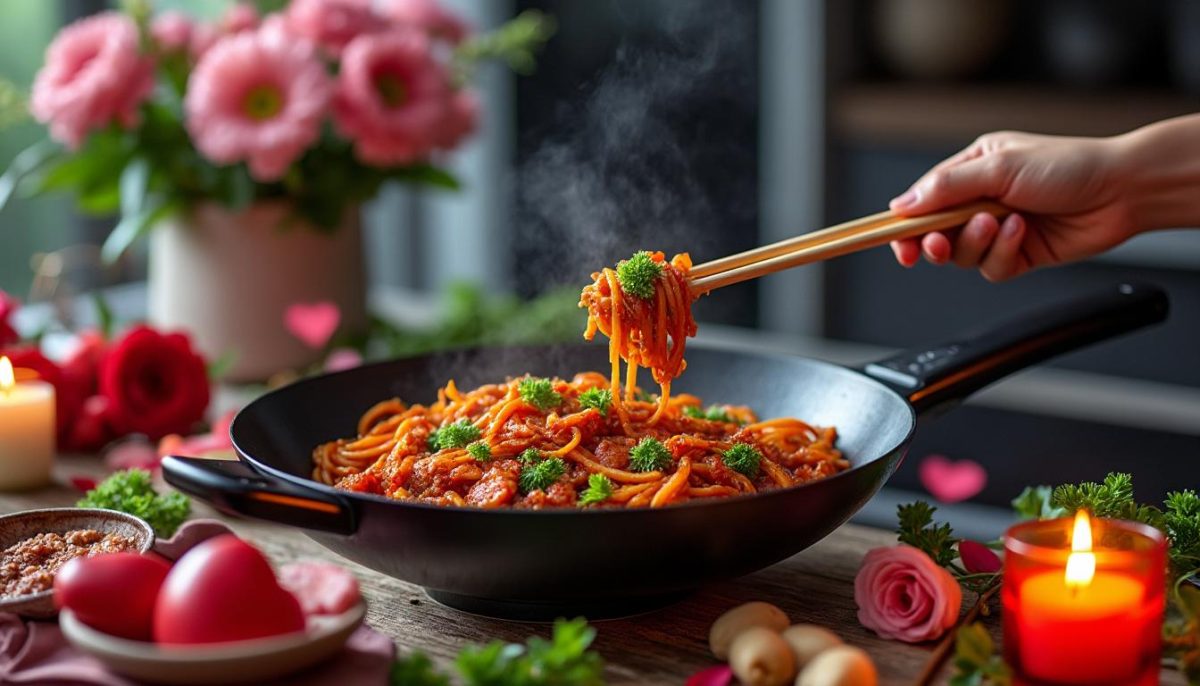 découvrez notre plat wok de nouilles aux légumes croquants et sauce teriyaki, parfait pour célébrer une saint-valentin 2026 savoureuse et pleine de fraîcheur.