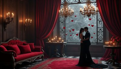 découvrez une décoration romantique et élégante pour la saint-valentin 2026 avec un thème vampirique en noir, dentelle raffinée et motifs de cœurs pour une ambiance séduisante et mystérieuse.