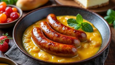 découvrez nos saucisses smokies au miel et moutarde, délicieusement collantes et servies avec une sauce crémeuse onctueuse, parfaite pour un repas gourmand et savoureux.
