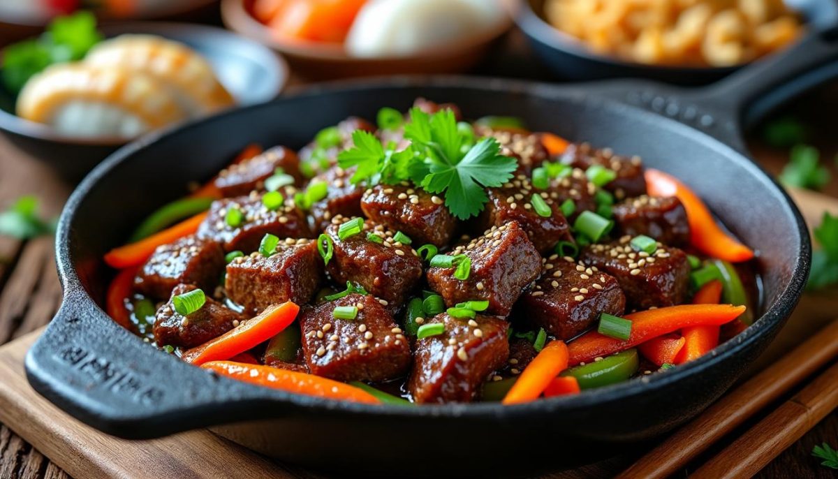 découvrez notre recette facile de sauté de bœuf au sésame, préparée en une seule poêle pour un plat savoureux et délicieusement caramélisé, idéal pour un repas rapide et gourmand.