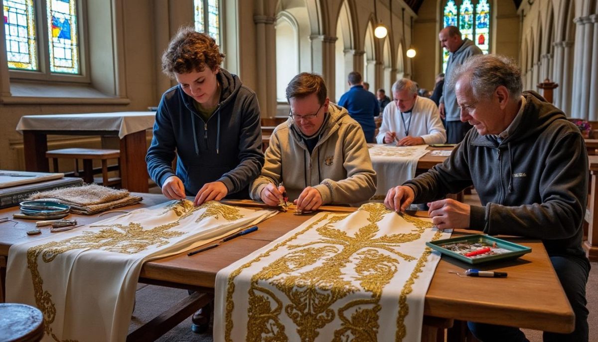 à faye-d’anjou, des bénévoles passionnés restaurent avec soin les vêtements liturgiques, redonnant vie au patrimoine religieux de baugé-en-anjou.