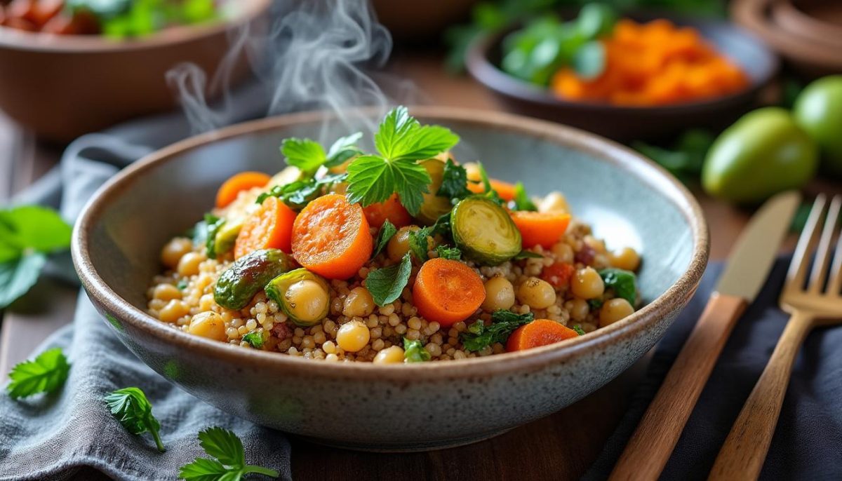 découvrez ce bowl de mars au quinoa et légumes rôtis, une recette idéale qui marie la chaleur réconfortante de l'hiver à la fraîcheur du printemps pour un repas sain et savoureux.