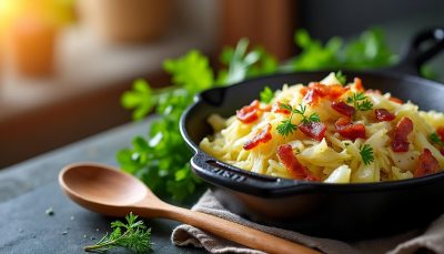 découvrez la recette facile et savoureuse du chou sauté au bacon, un plat réconfortant et gourmand à préparer rapidement dans une poêle.