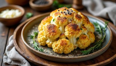 découvrez notre recette facile de chou-fleur rôti au pecorino et poivre, un plat savoureux et original qui saura éblouir vos convives à chaque occasion.