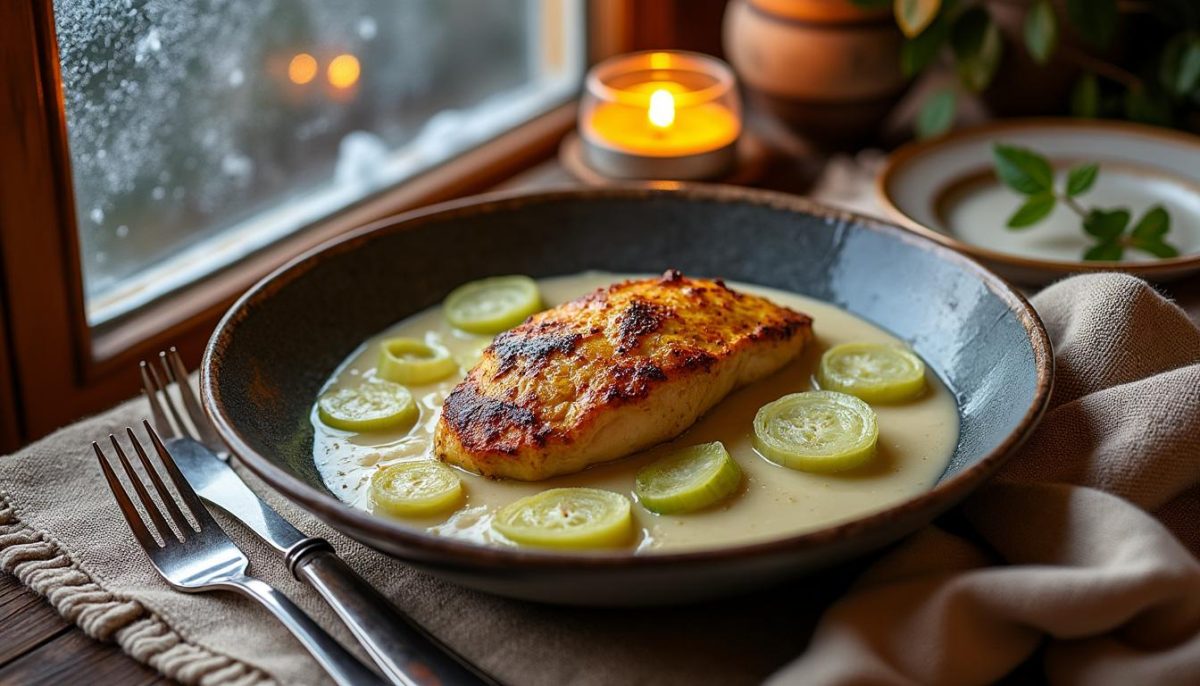 savourez ce poulet à la moutarde accompagné d'une fondue de poireaux onctueuse, un plat réconfortant parfait pour réchauffer vos soirées hivernales.