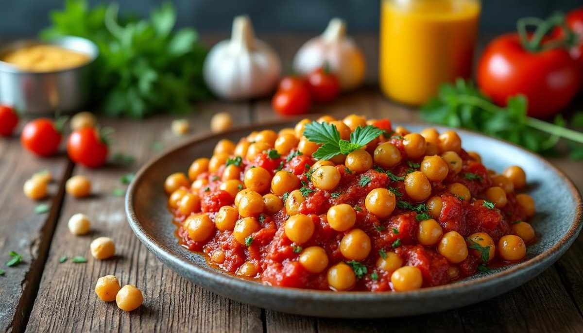 apprenez à transformer vos recettes de placard avec ces pois chiches à la tomate et moutarde forte, simples, rapides et pleins de saveurs.