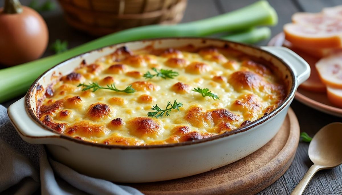 découvrez notre gratin de poireaux au jambon, le plat réconfortant parfait pour un dîner chaleureux en mars que toute la famille appréciera dès la première bouchée.