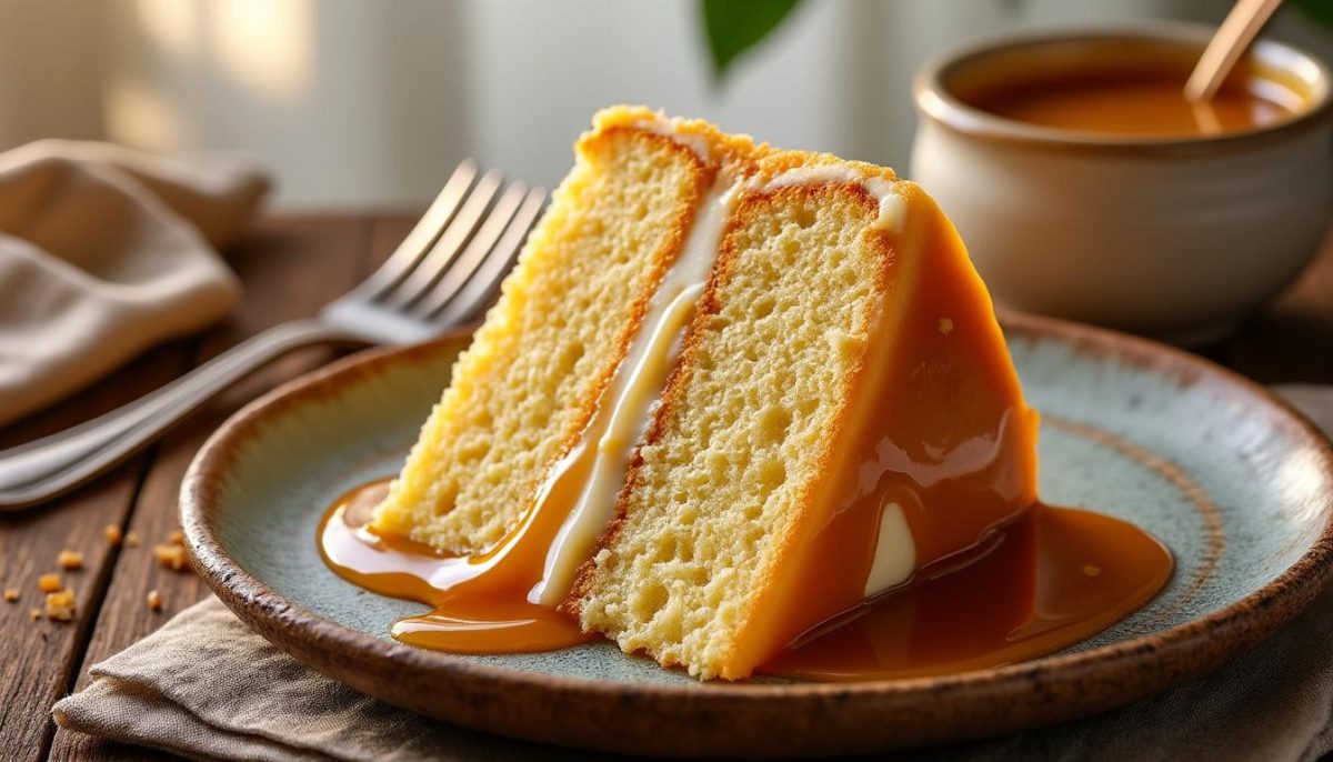 découvrez le trilèçe, ce gâteau ultra fondant à la génoise imbibée de trois laits, surmonté d'un nappage caramel irrésistible qui fait sensation sur tiktok. une recette gourmande à ne pas manquer !