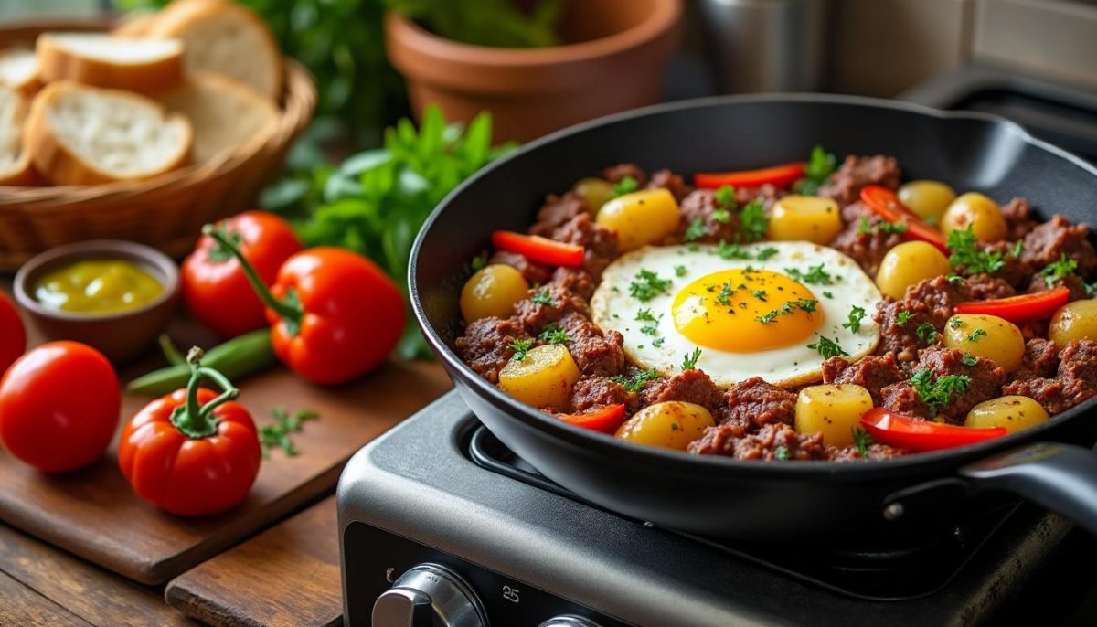 découvrez une recette simple et délicieuse de petit-déjeuner en une poêle utilisant des restes de corned-beef pour un repas rapide et savoureux.
