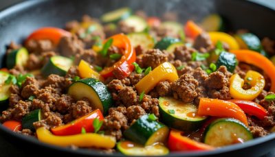 découvrez une poêlée savoureuse de steak haché, courgettes et poivrons au curry, alliant simplicité et explosion de saveurs pour un repas gourmand et étonnant.
