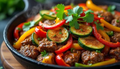 découvrez une poêlée surprenante de steak haché, courgettes et poivrons au curry, un mélange savoureux et coloré qui éveillera vos papilles avec des saveurs exotiques et inédites.