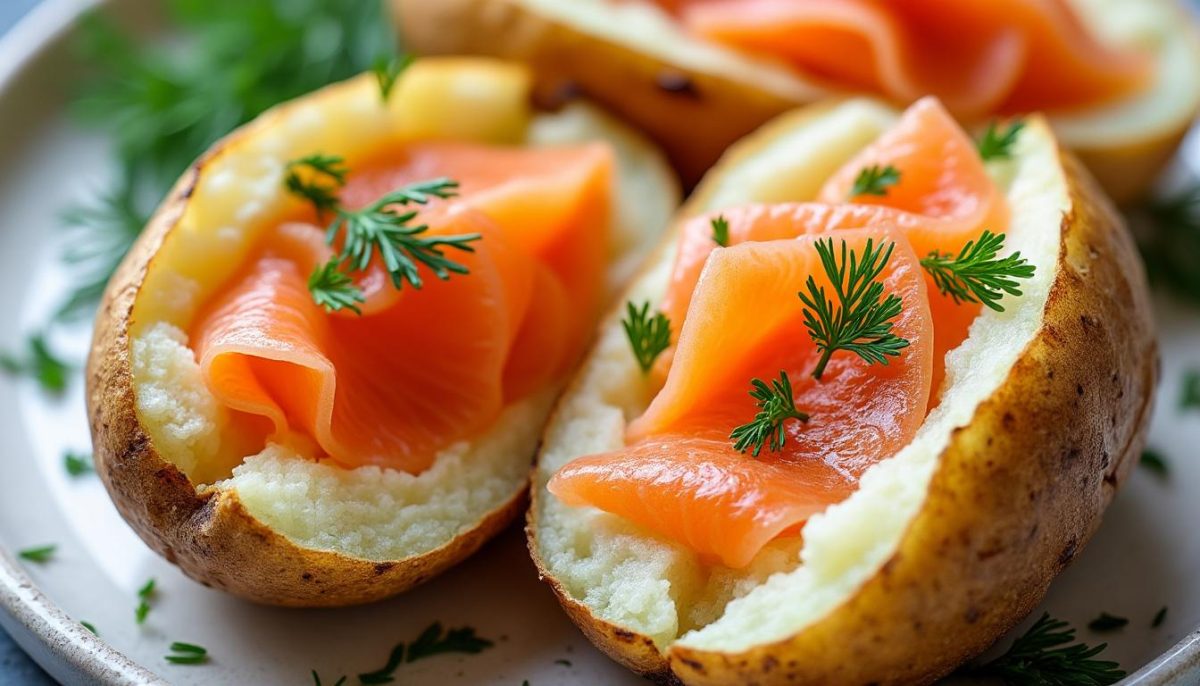 découvrez notre recette facile de pommes de terre au four garnies de saumon fumé, alliant cœur tendre et saveur raffinée pour un repas gourmand et élégant.