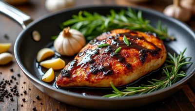 découvrez une recette rapide de poulet express en poêle, généreusement nappé d'une sauce balsamique gourmande et collante pour un plat savoureux et facile à préparer.