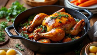 découvrez la recette du poulet braisé en cocotte, tendre et savoureux, accompagné de son jus aux herbes délicatement relevé, parfait pour un repas convivial et gourmand.