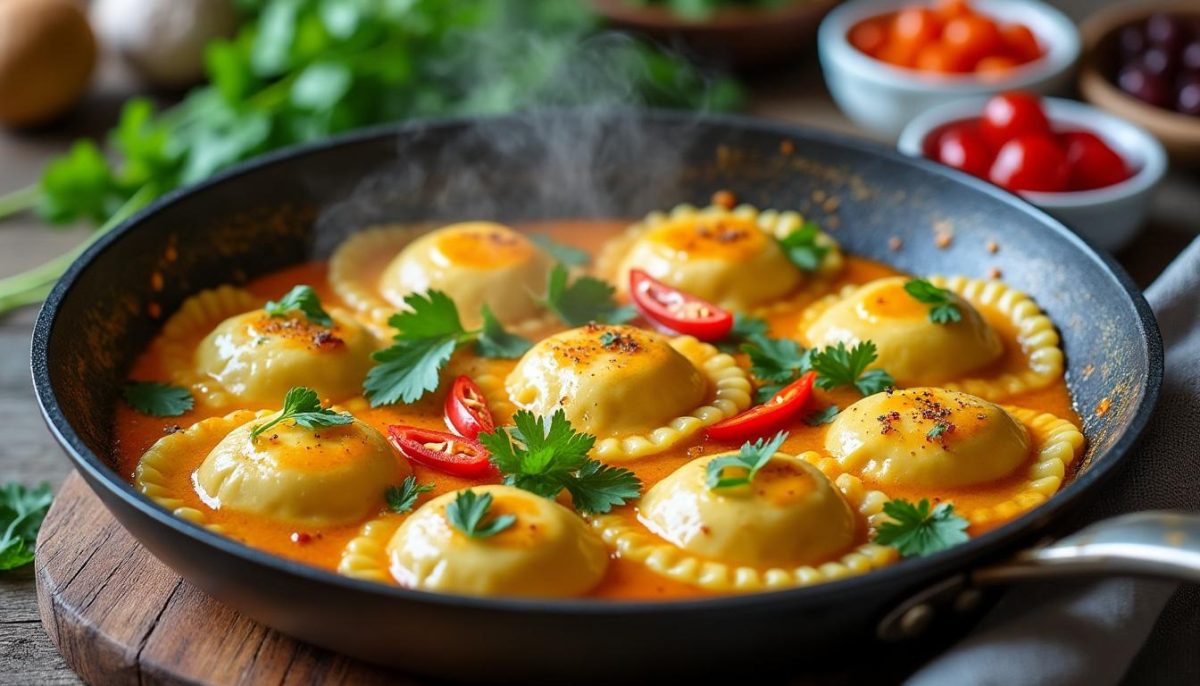 découvrez notre recette facile et savoureuse de raviolis fondants au curry de coco, préparés rapidement dans une poêle unique pour un repas gourmand et exotique.