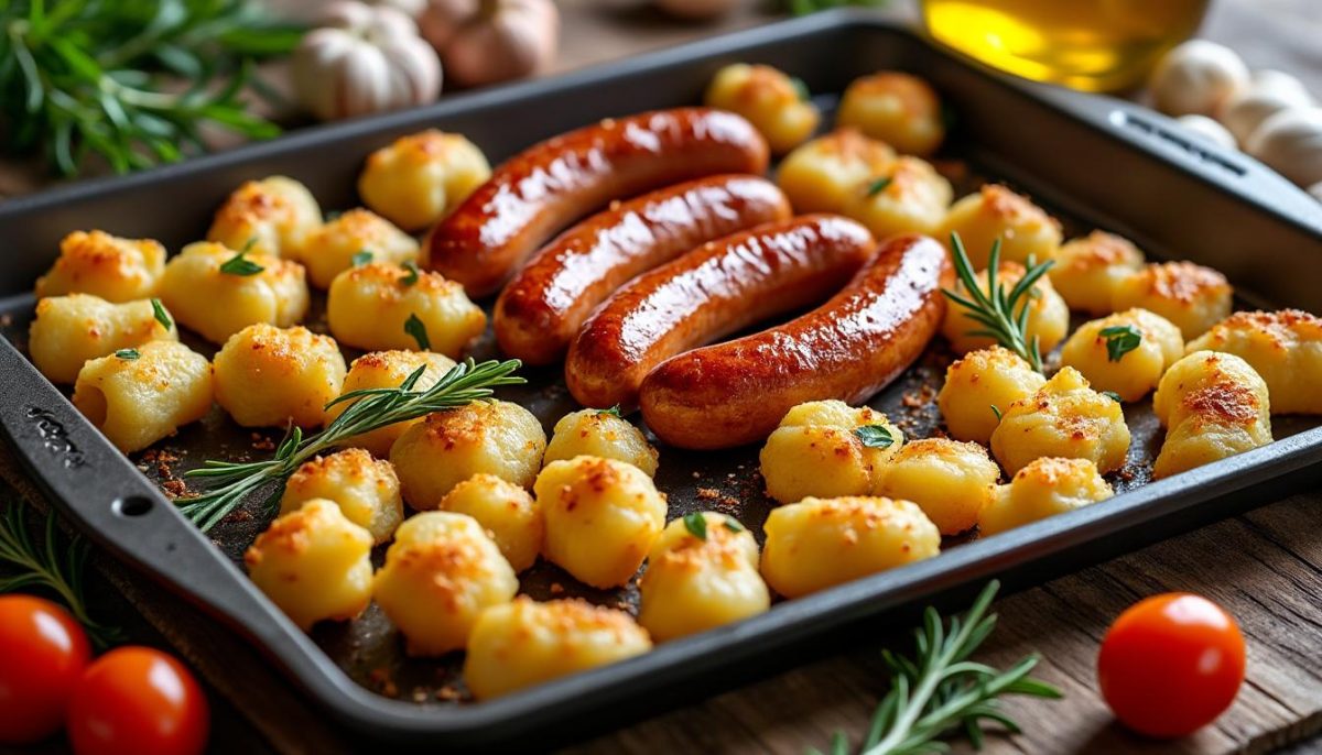 découvrez une recette simple et délicieuse de gnocchis croustillants accompagnés de saucisses savoureuses, cuits ensemble sur une seule plaque pour un repas rapide et convivial.