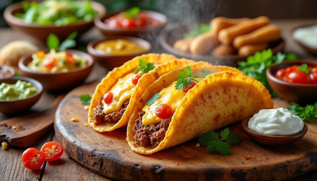 découvrez nos tacos croquants dorés au four, savoureux, fondants et généreusement garnis de fromage fondant pour un plaisir gourmand et léger.