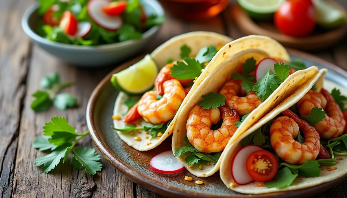 découvrez nos tacos de crevettes juteuses, délicieusement accompagnés d'une salade croquante au coriandre, pour un repas frais et savoureux.