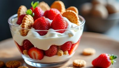 découvrez notre verrine express aux fraises, mascarpone, meringue et palets bretons, une délicieuse harmonie de textures gourmandes et crémeuses, idéale pour un dessert rapide et raffiné.