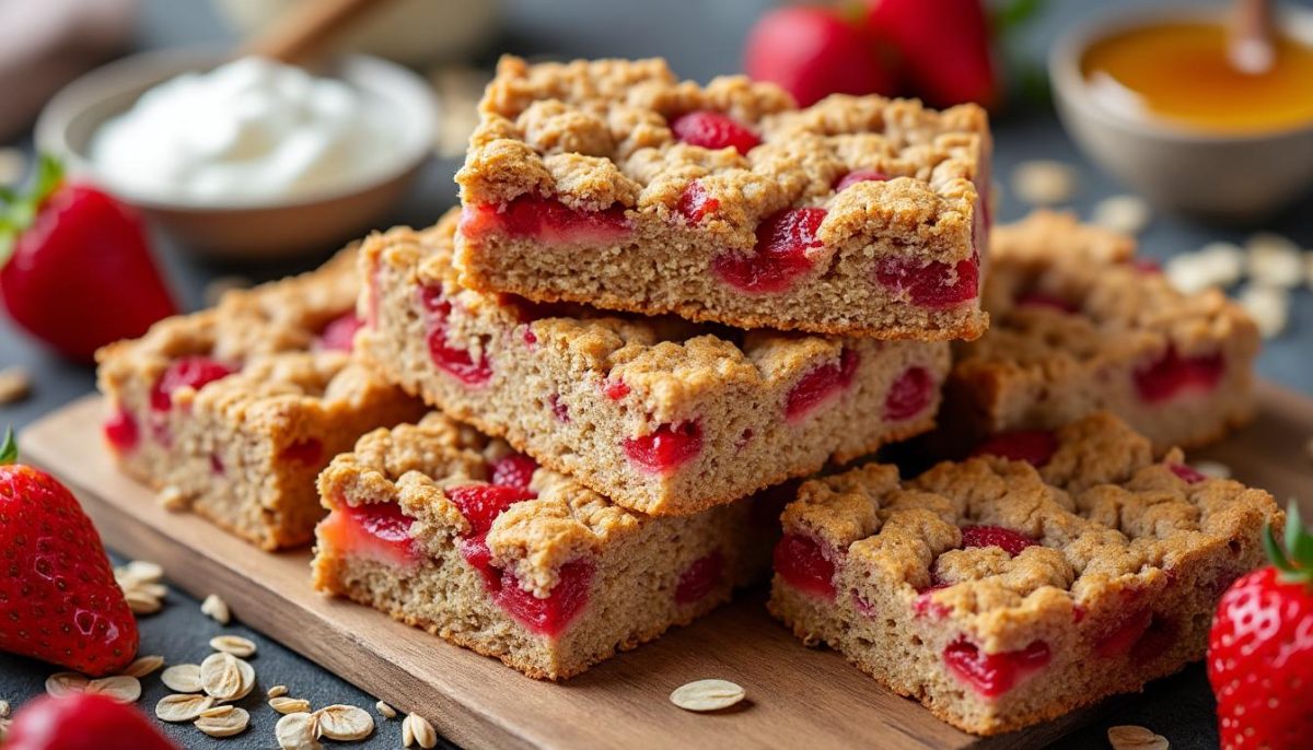 découvrez nos délicieuses barres de petit-déjeuner aux fraises et flocons d'avoine, parfaites pour un début de journée sain et gourmand.