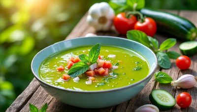 découvrez ce gaspacho courgette rafraîchissant, la recette idéale pour des repas d'été légers et savoureux sans allumer le four. facile, rapide et parfait pour se désaltérer pendant les chaudes journées.