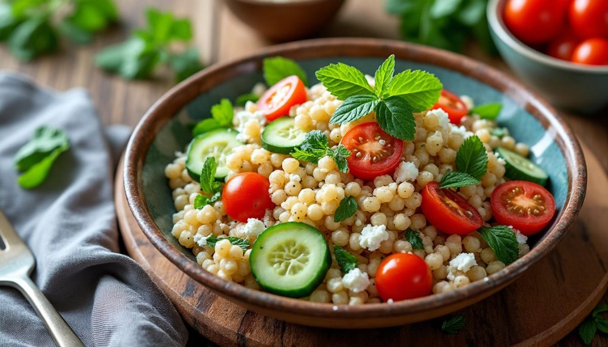 découvrez cette salade de perles fraîche et rapide à préparer en seulement 15 minutes, parfaite pour un repas sain et savoureux.