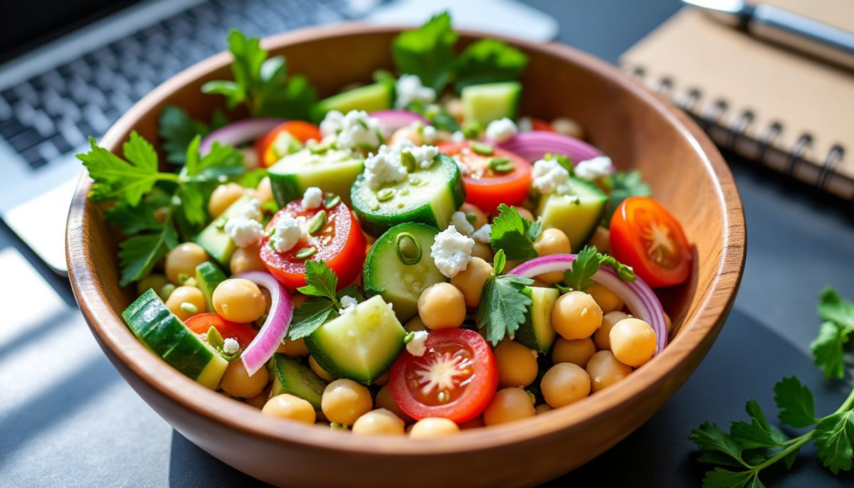 découvrez notre salade de pois chiches protéinée, idéale pour un déjeuner sain et gourmand au bureau. facile à préparer et pleine de saveurs, elle deviendra vite votre repas préféré.