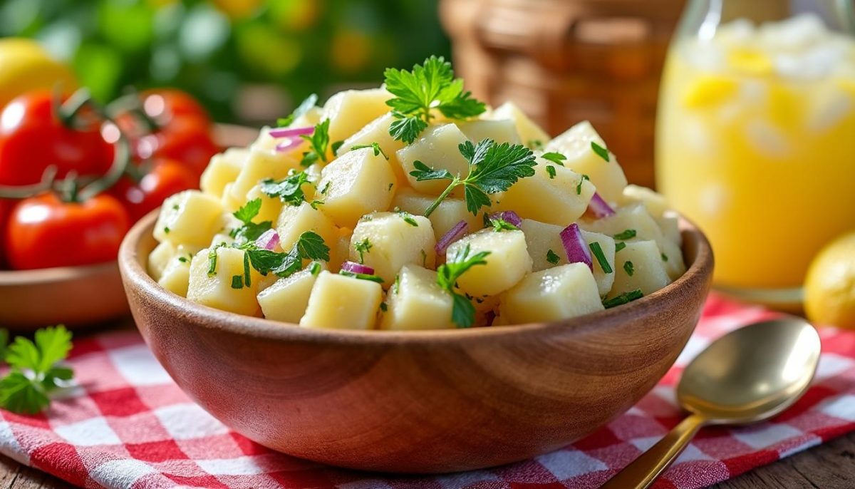 découvrez cette salade de pomme de terre froide, la recette idéale pour relever vos pique-niques d'été avec fraîcheur et saveurs.