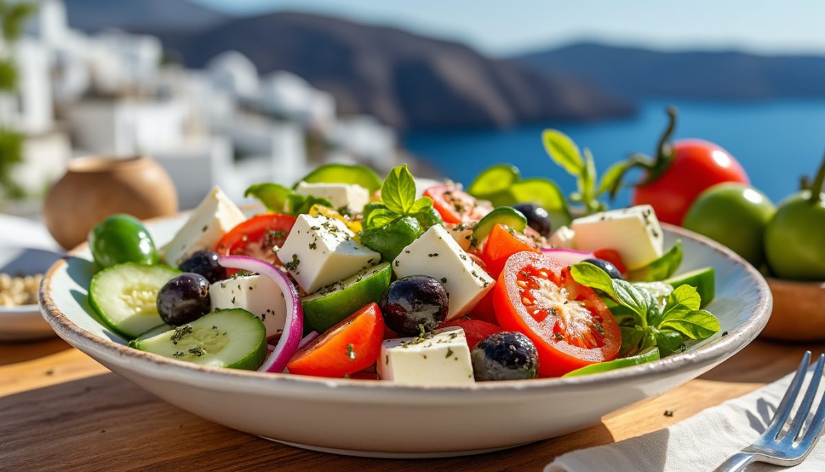 découvrez notre salade grecque feta authentique, un mélange frais et savoureux qui vous transporte directement à santorin en une seule bouchée.