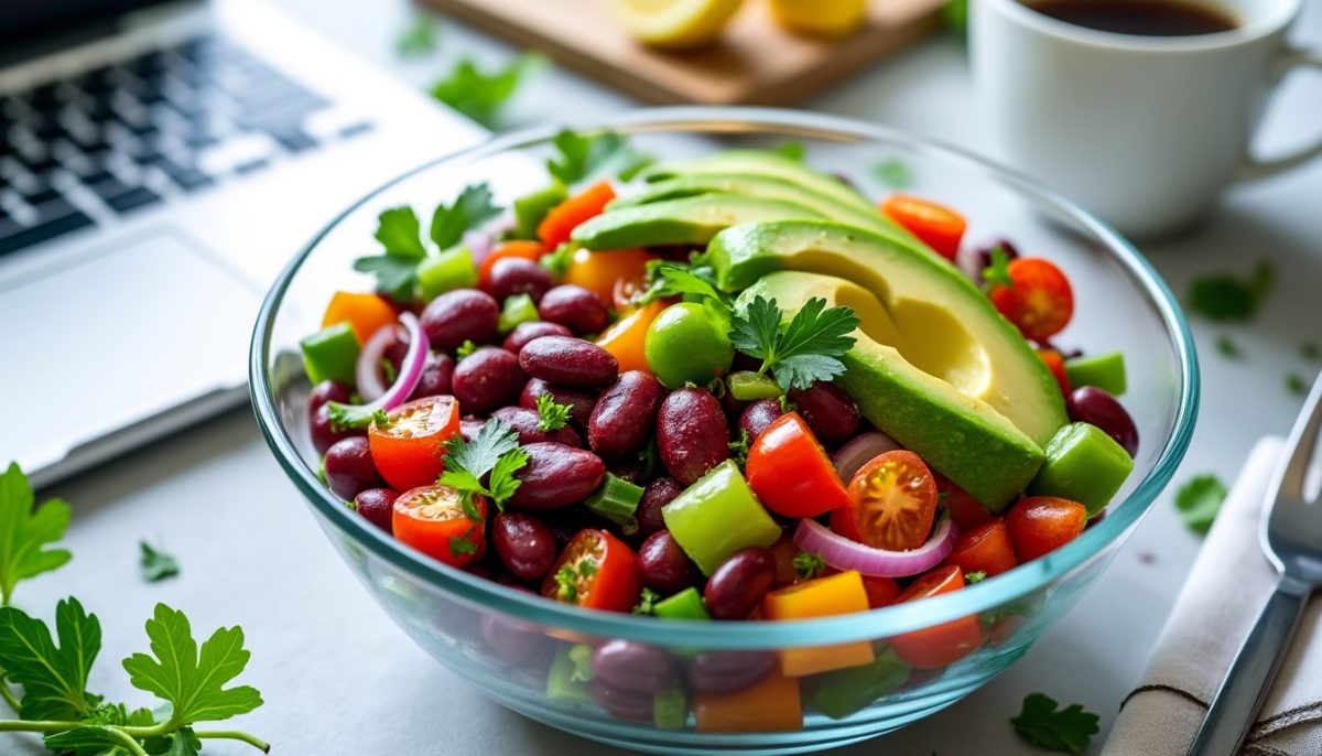 découvrez cette salade haricot rouge protéinée, un repas sain et délicieux qui transformera vos déjeuners de bureau en un moment gourmand et énergétique.