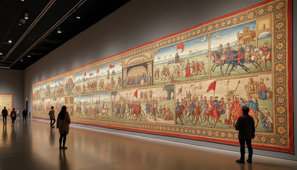 découvrez la tapisserie de bayeux, chef-d'œuvre médiéval exceptionnel, dévoilée à plat pour une exposition spectaculaire mettant en lumière ses détails historiques et artistiques uniques.