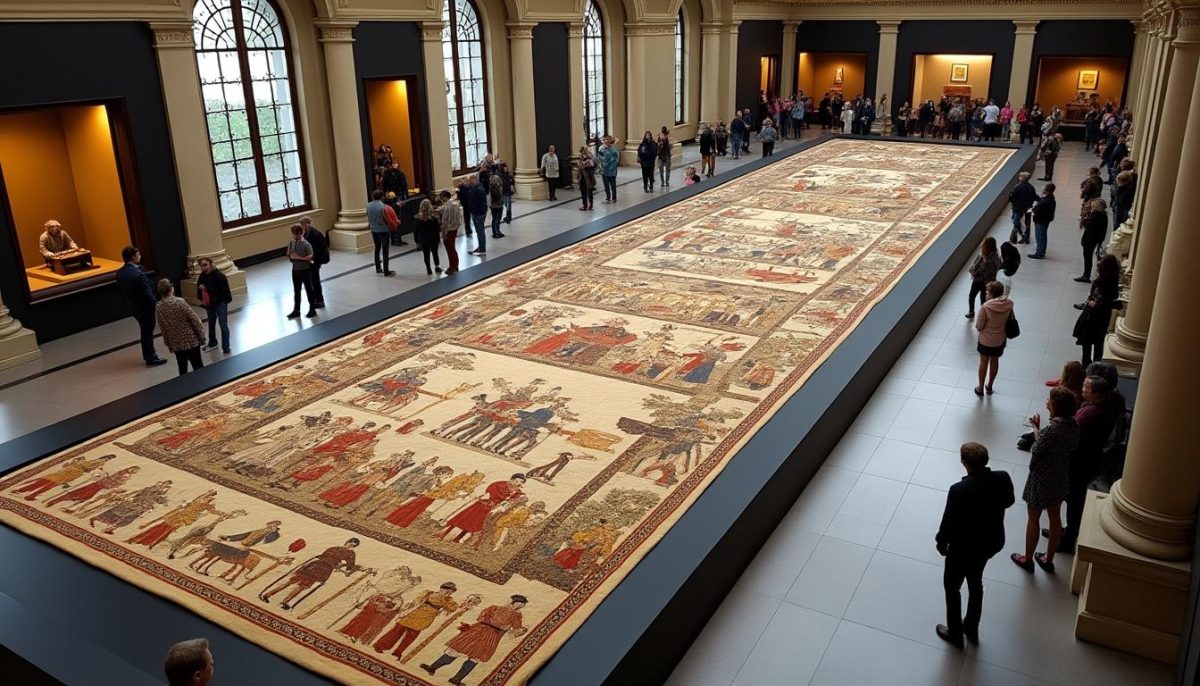 découvrez la tapisserie de bayeux exposée à plat pour la première fois au british museum, offrant un regard inédit sur ce chef-d'œuvre médiéval.
