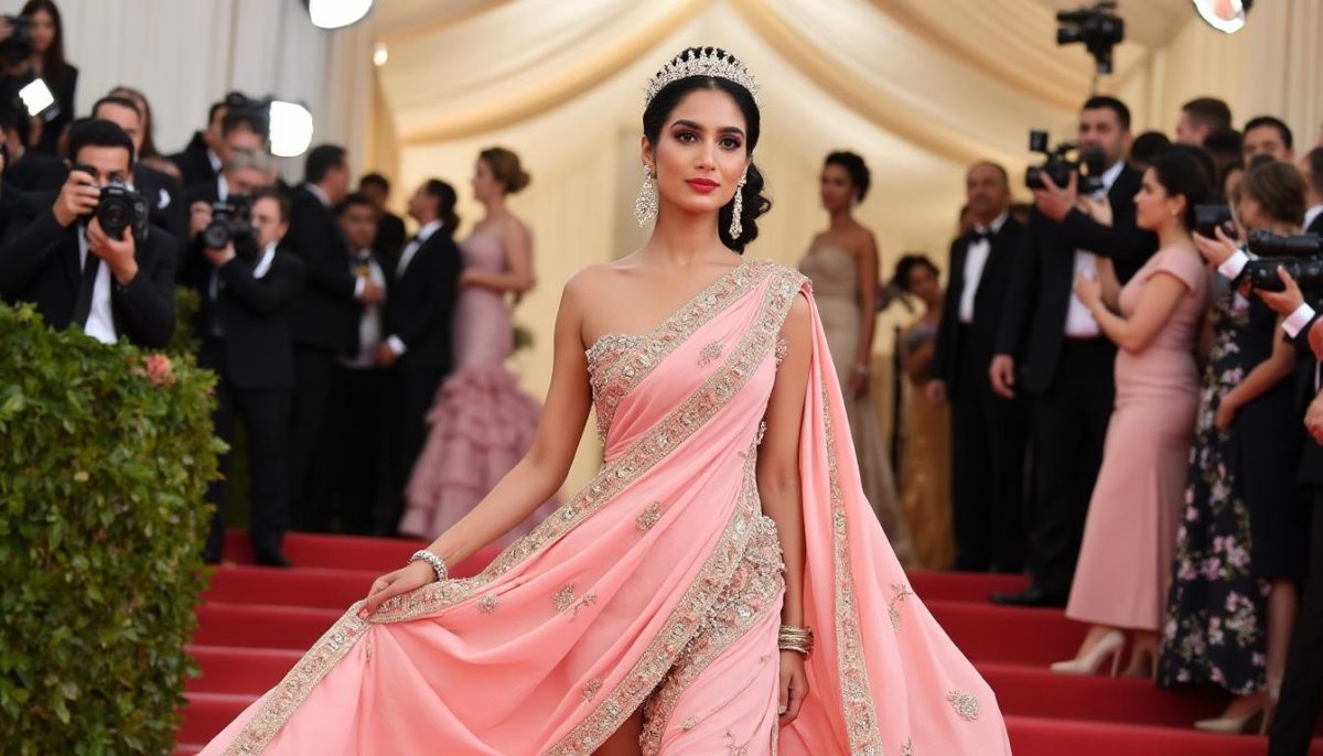 découvrez le look royal de la princesse gauravi kumari au me, avec un sari familial sophistiqué rendant hommage à la maharani gayatri devi, symbole d'élégance et de tradition.