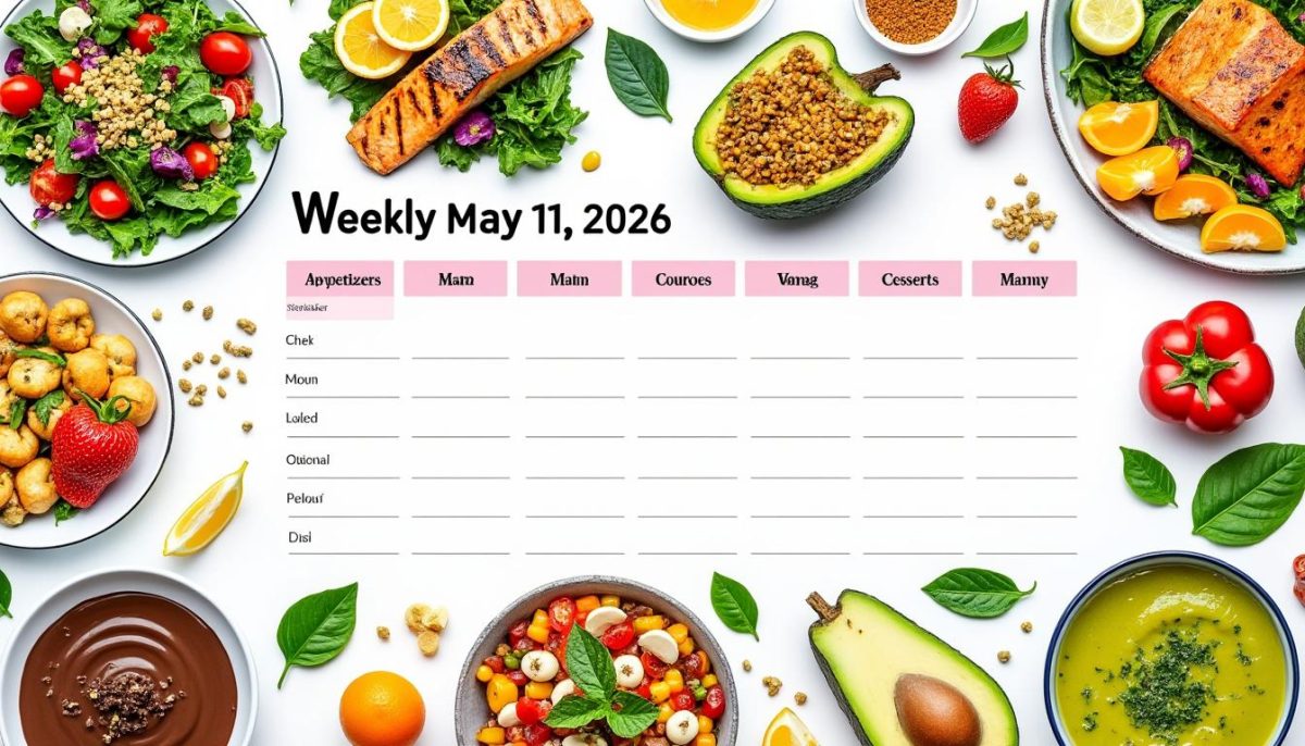 découvrez notre plan de repas hebdomadaire du 11 mai 2026, rempli d'idées savoureuses et équilibrées pour une alimentation saine toute la semaine.