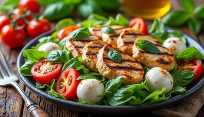 découvrez notre salade croquante caprese au poulet, une recette fraîche et savoureuse alliant poulet grillé, mozzarella fondante, tomates juteuses et basilic parfumé pour un repas léger et gourmand.