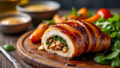 découvrez notre recette gourmande de cuisse de poulet fondante, farcie d'ingrédients savoureux et enveloppée de bacon croustillant pour un plat irrésistible.