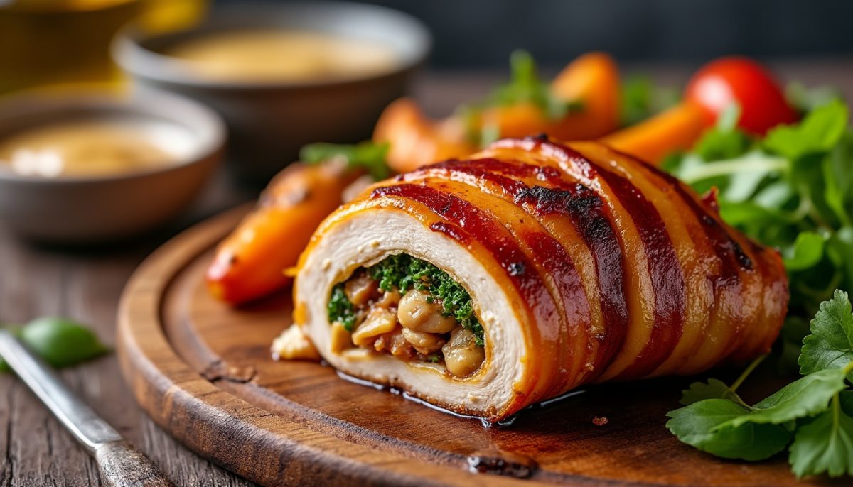 découvrez notre recette gourmande de cuisse de poulet fondante, farcie d'ingrédients savoureux et enveloppée de bacon croustillant pour un plat irrésistible.