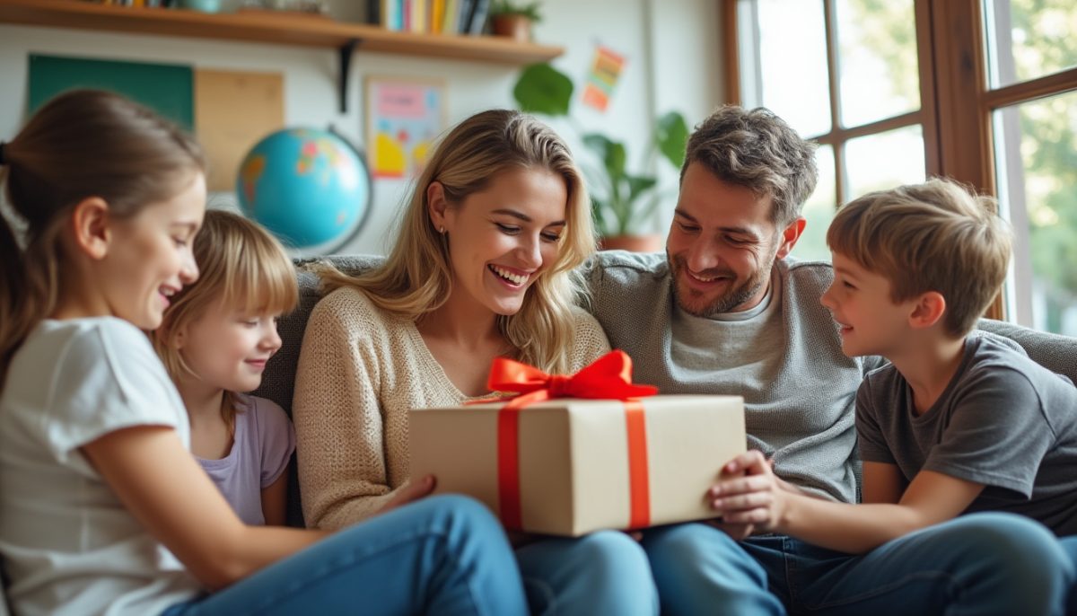 découvrez le cadeau maîtresse de fin d'année parfait, un présent qu'elle partage avec joie et tendresse chez elle avec sa famille.