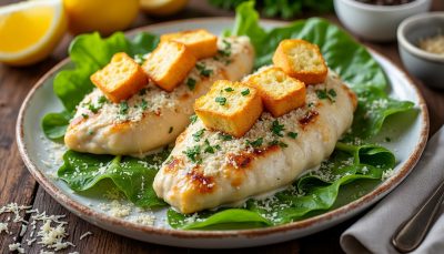découvrez notre recette de poulet césar onctueux, garni de croûtons croustillants pour un équilibre parfait de saveurs et textures.