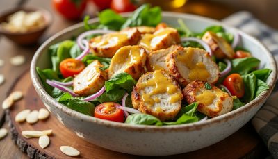 découvrez notre recette savoureuse de salade de poulet au miel et moutarde onctueuse, alliant douceur et piquant pour un repas léger et gourmand.