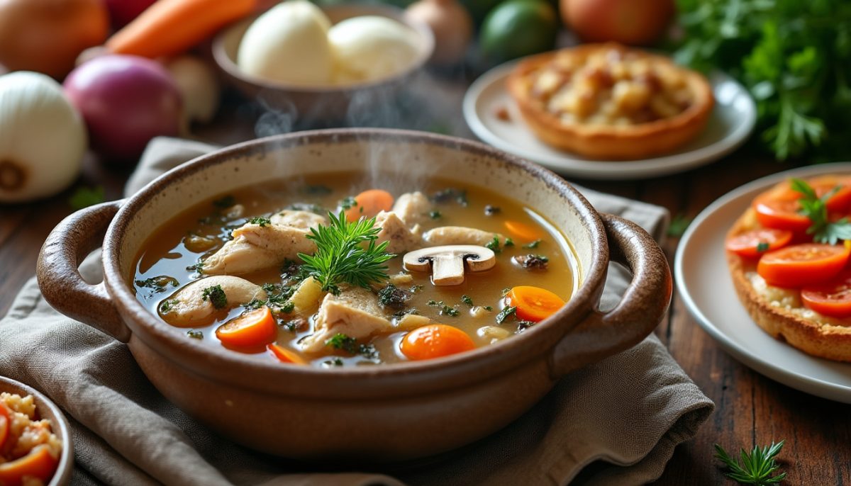 découvrez une soupe réconfortante au poulet et champignons, parfaite pour réchauffer vos soirées fraîches avec saveur et douceur.