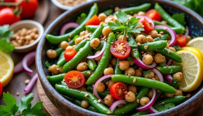 découvrez une salade croquante et acidulée préparée avec des haricots simples de vos placards, idéale pour un repas rapide et savoureux.