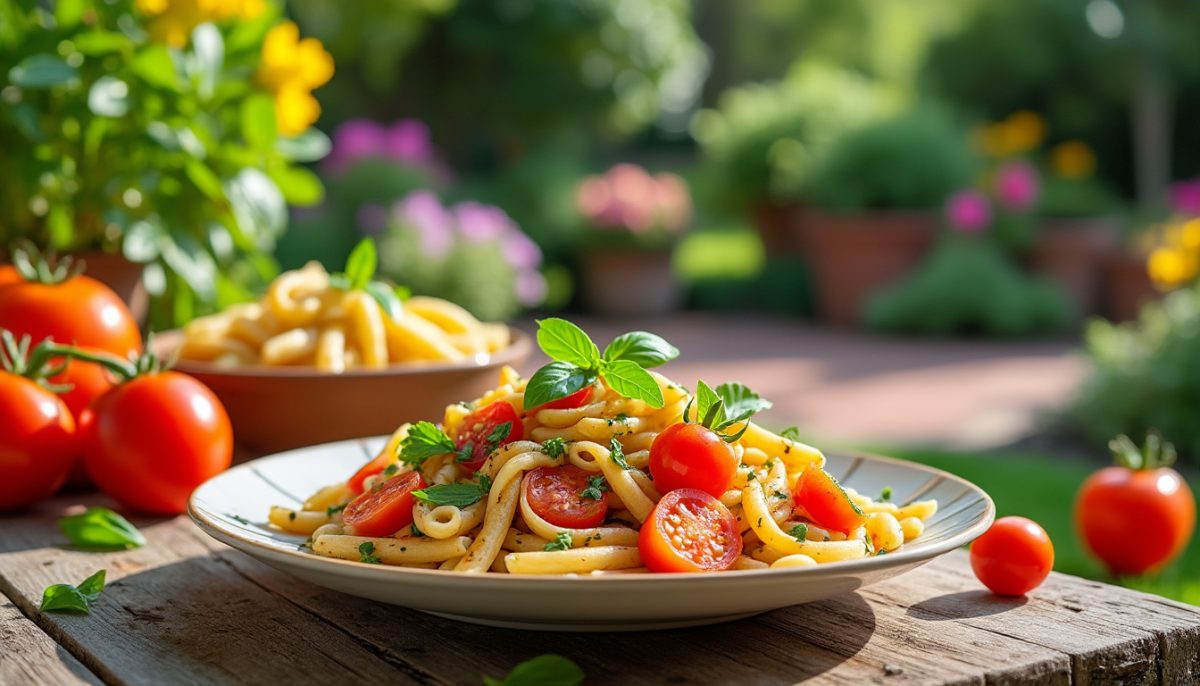 découvrez une salade de pâtes aux tomates juteuses, fraîche et savoureuse, idéale pour accompagner vos barbecues estivaux.