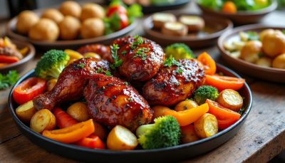 découvrez notre recette de dîner tout-en-un avec du poulet bbq collant, des pommes de terre croquantes et des légumes savoureux pour un repas complet et délicieux.
