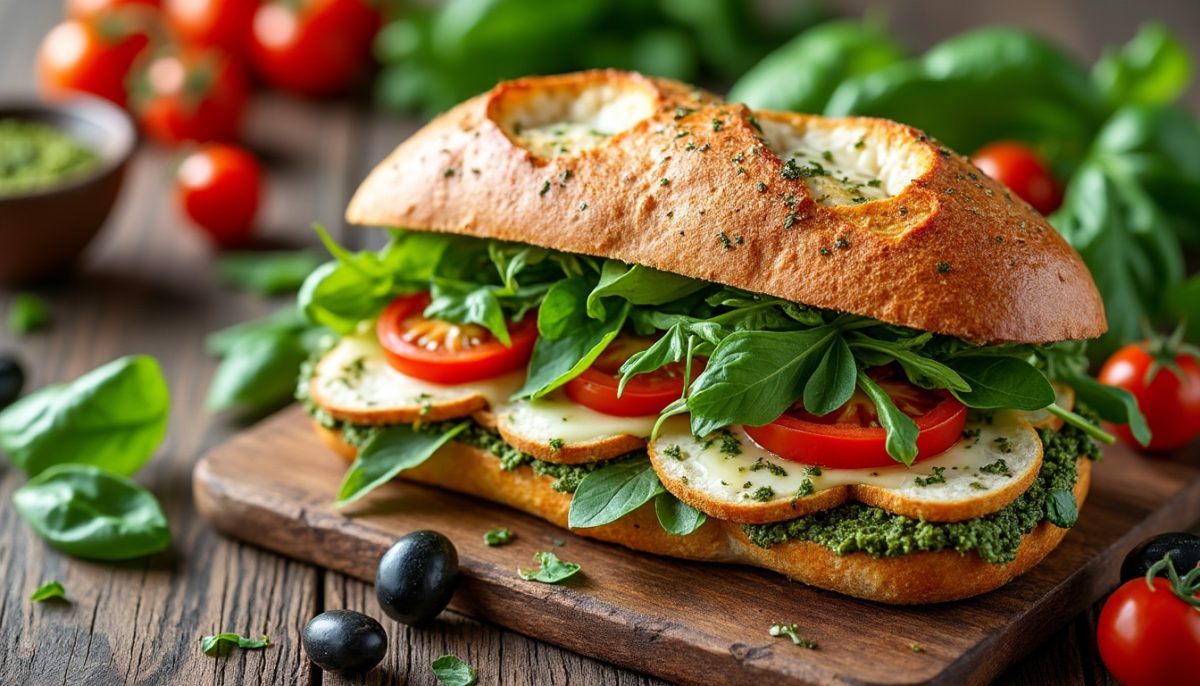 découvrez notre sandwich au poulet et pesto méditerranéen, une explosion de saveurs fraîches avec du poulet tendre, un pesto aromatique et des ingrédients de qualité pour un repas savoureux et équilibré.